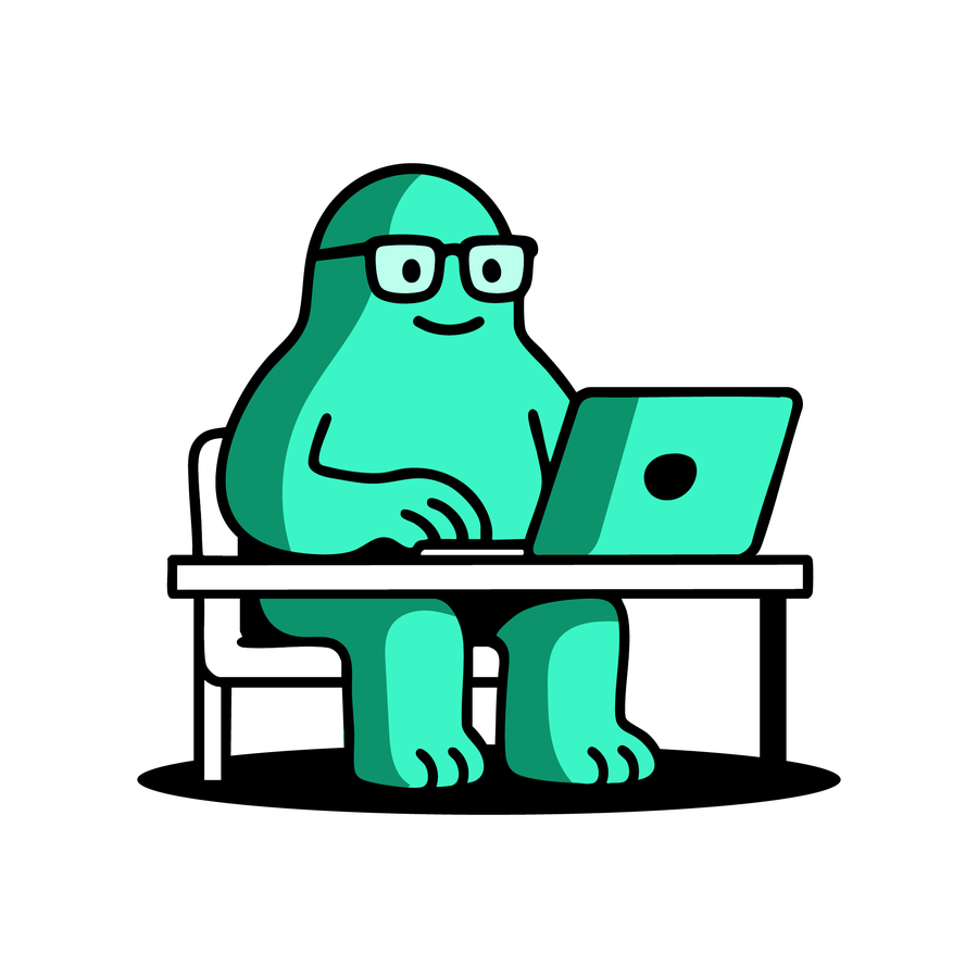 Lumo, the myopx character, sitting at a laptop.